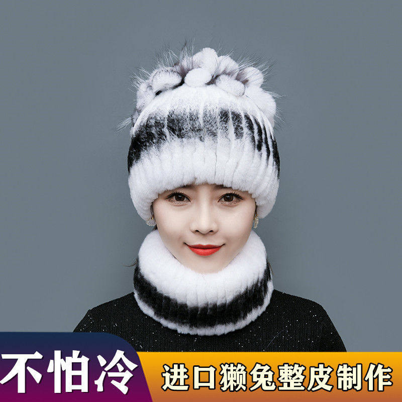 新款獭兔毛皮草帽子围脖套装保暖
