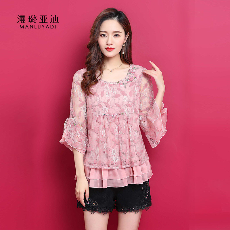 28003春夏新款 淑女修身显瘦七分袖大码蕾丝衫雪纺上衣