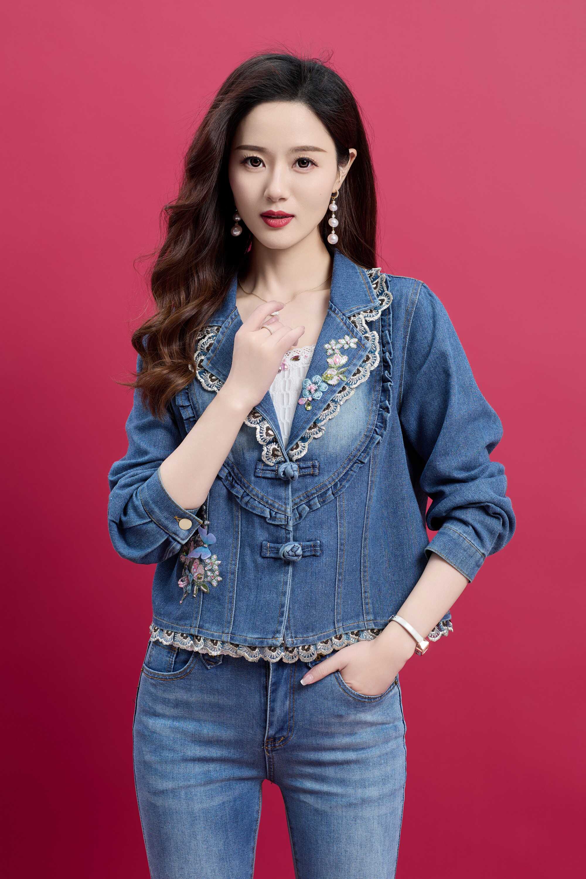 89A910古着vintage复古经典港风百搭刺绣女式西装领牛仔外套