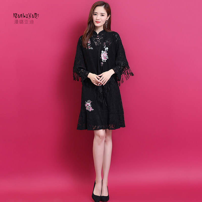 28C50秋季女士连衣裙长袖裙子蕾丝黑色显瘦改良旗袍中国风复古