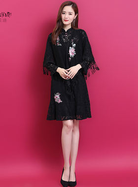 28C50秋季女士连衣裙长袖裙子蕾丝黑色显瘦改良旗袍中国风复古