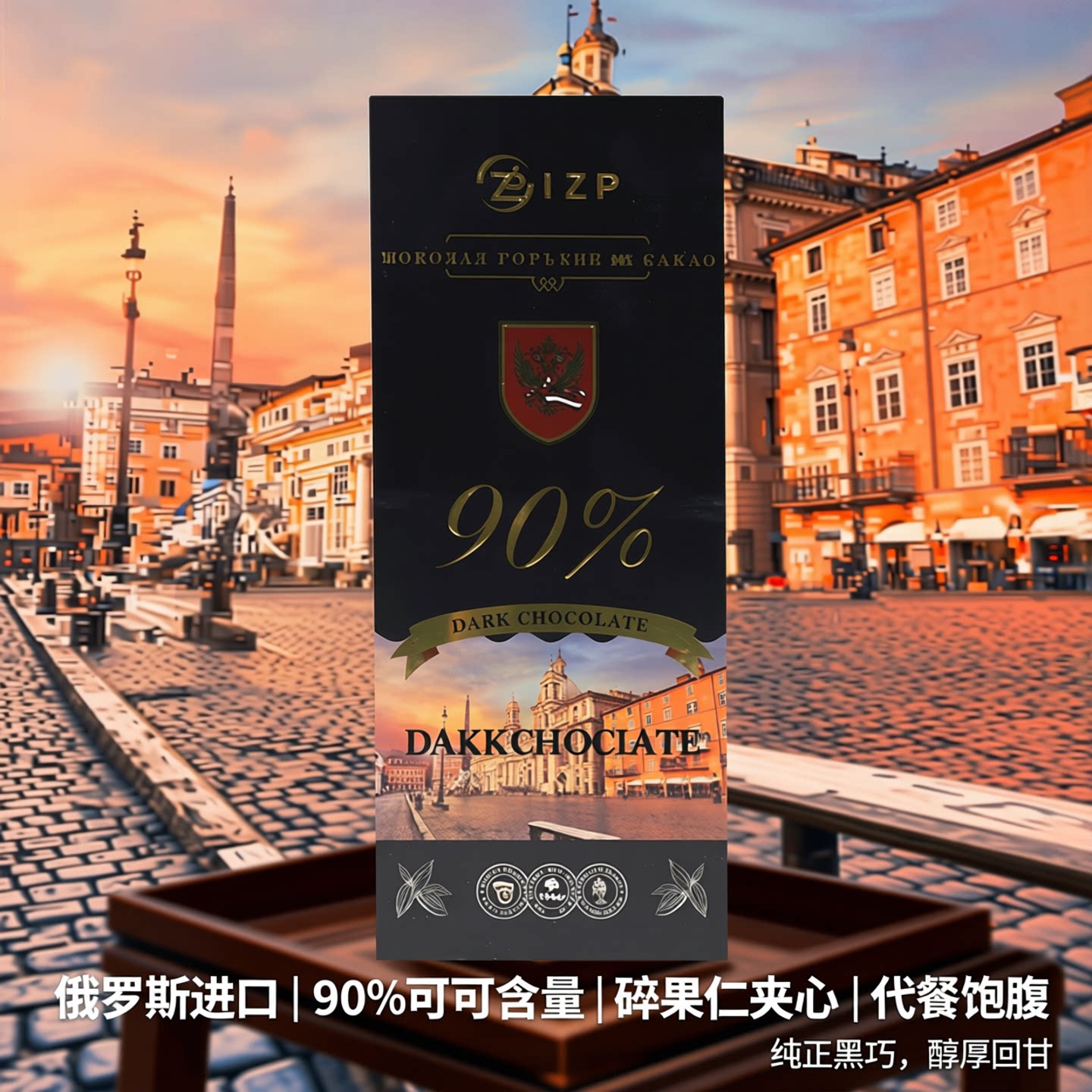 俄罗斯黑巧克力可可脂进口食品盒装黑苦碎果仁夹心代餐饱腹巧克力