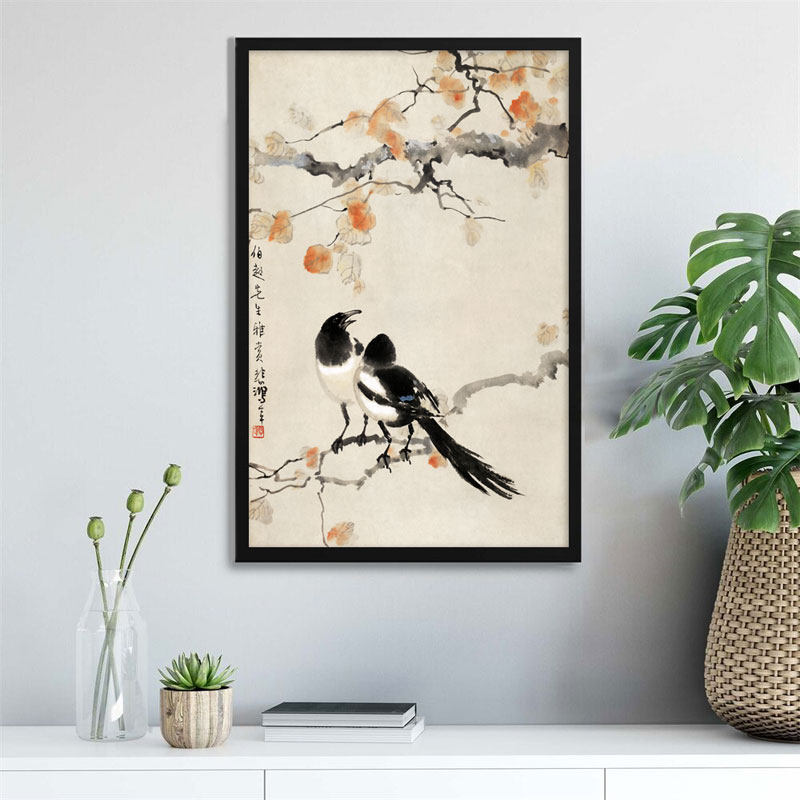 徐悲鸿双喜轴喜鹊优质精致布画芯水墨写意国画竖款立轴高清印制