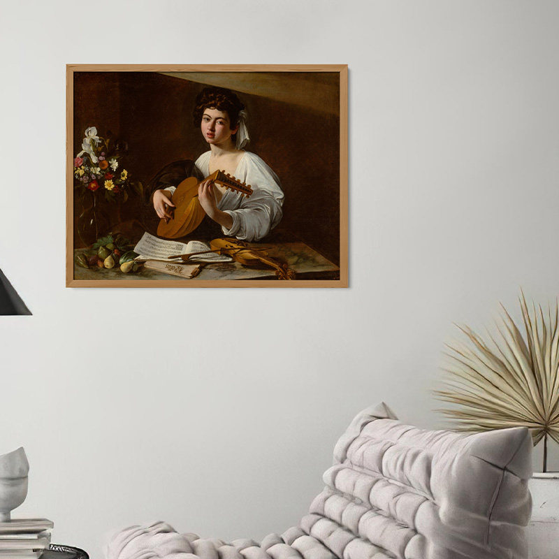卡拉瓦乔的弹鲁特琴的少年音乐家横款油画高清印制欧式画芯装饰画