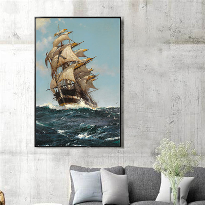 海浪中的帆船油画布画芯竖款高清印制欧式书房帆船与海洋装饰画图片