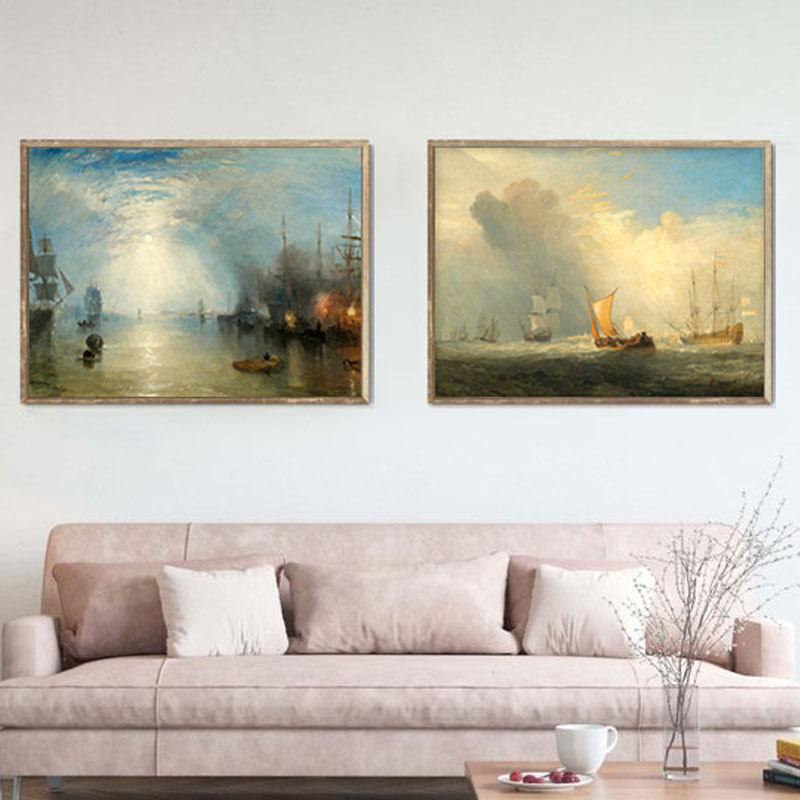 月光下的港湾透纳海景帆船系列布画芯怀旧油画欧式客厅海洋装饰画