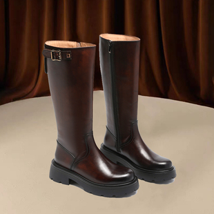 正装长筒靴女款马靴骑士靴复古粗跟保暖大码定制高筒靴牛皮长靴女