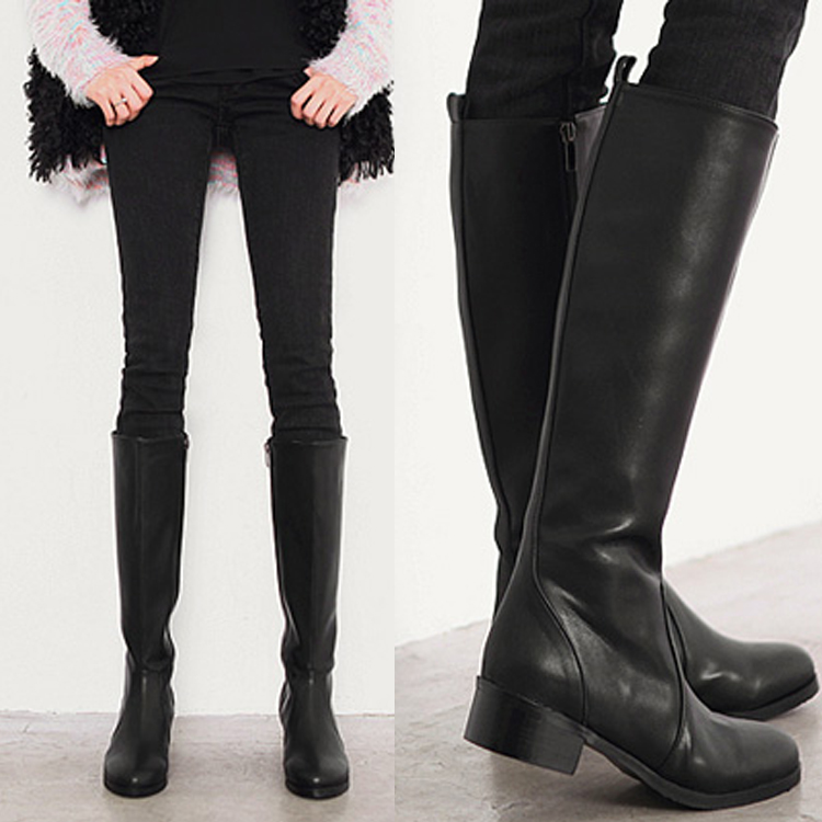 不过膝真皮长筒靴女粗跟加绒