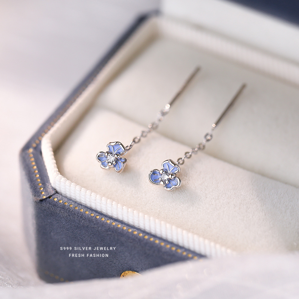 滴胶蓝色小清新鸢尾花朵耳钉女s999纯银韩版时尚锆石耳线流苏耳饰