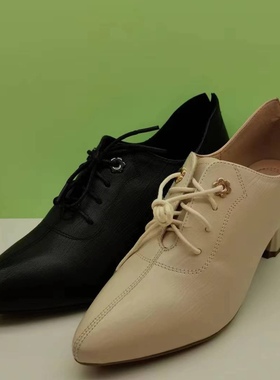 亮点女人80916深口单鞋2024春秋款牛皮系带粗跟尖头通勤舒适女鞋6