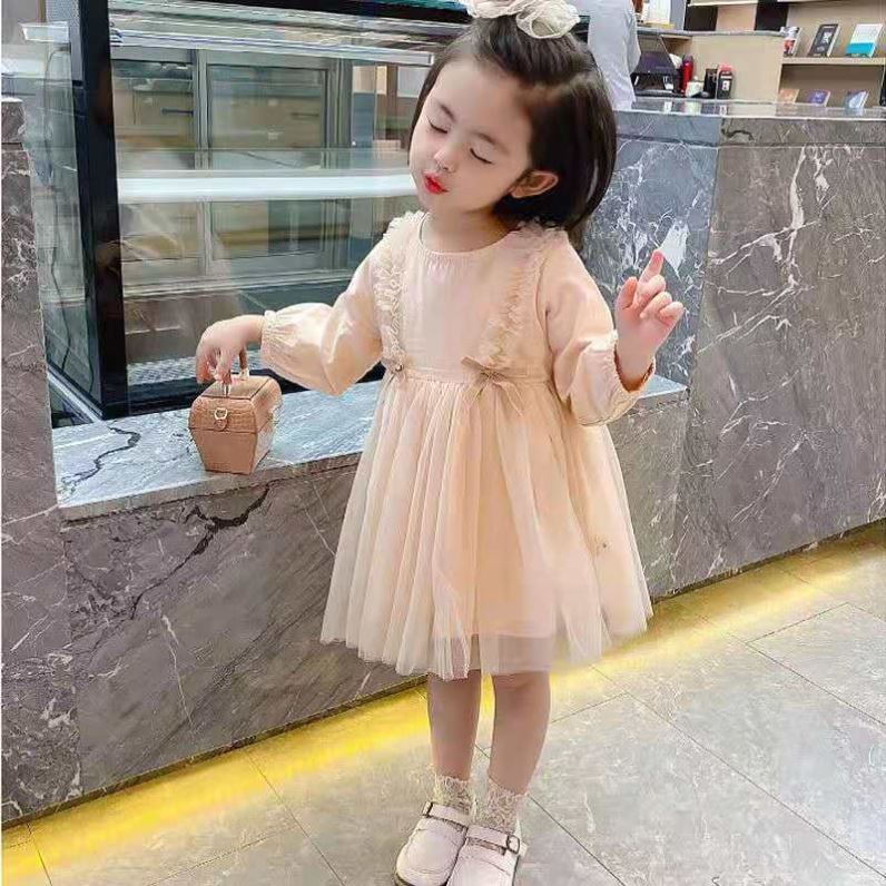 2025新款春季杏色长袖连衣裙女童甜美公主裙百搭生日礼服裙