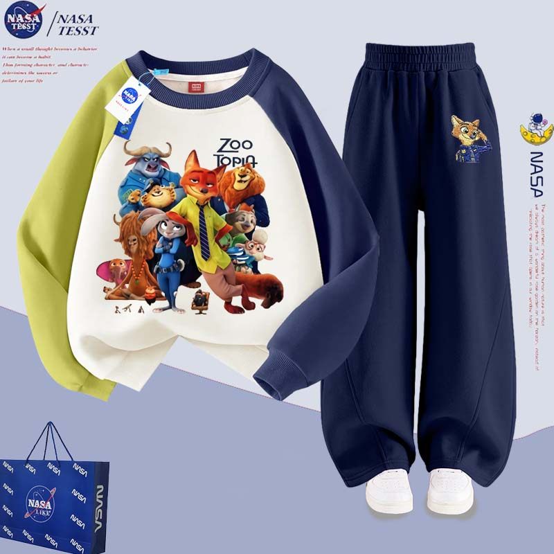 NASA联名男童疯狂动物城卫衣套装儿童秋冬加绒女童休闲运动两件套