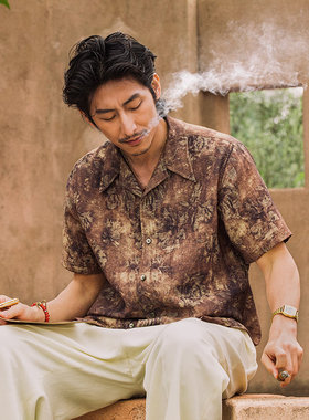 SOARIN复古英伦风古巴领印花衬衫男雅痞巴洛克休闲透气夏威夷衬衣