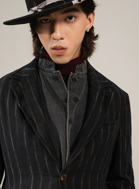 SOARIN【金属丝定型条】原创设计条纹西装外套男痞帅商务休闲西服