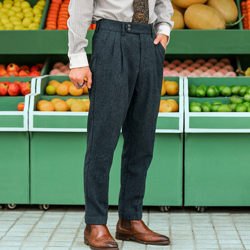 英伦风毛呢商务休闲锥形九分裤