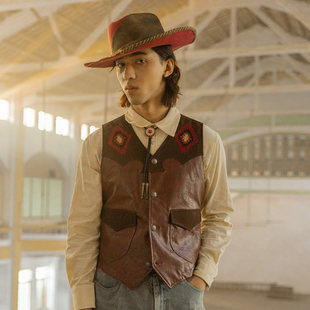 SOARIN美式复古西部风皮衣马甲男 绣花休闲拼接鹿皮绒马夹背心