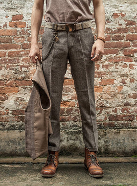 SOARIN英伦复古人字纹九分西装裤男 粗花呢痞帅商务修身直筒9分裤