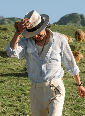 SOARIN英伦复古细条纹长袖衬衫男 蓝色薄款商务休闲修身西装衬衣