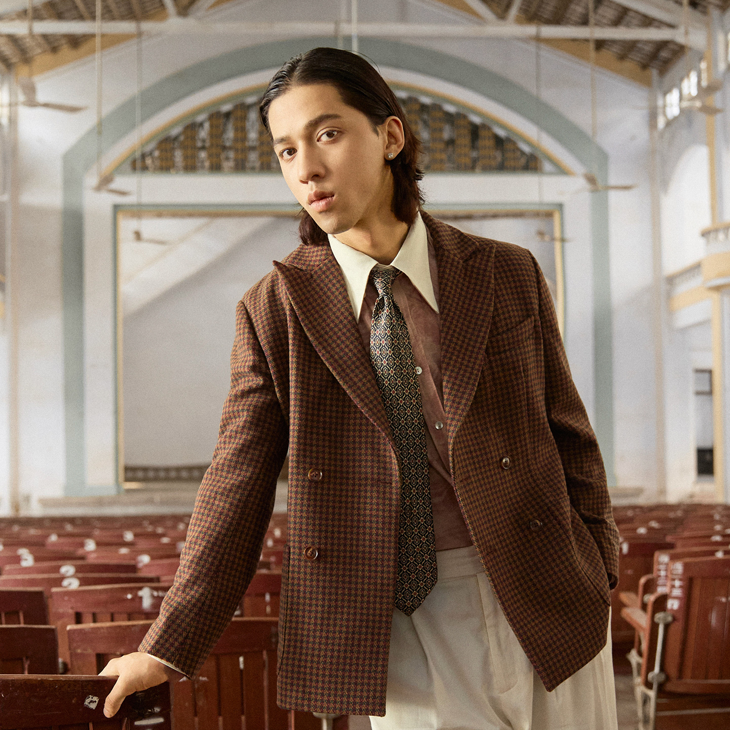 SOARIN复古英式格子西装外套男 双排扣戗驳领羊毛呢休闲单西服