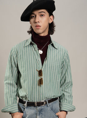 SOARIN英伦复古绿竖条纹衬衫男免烫抗皱商务休闲修身长袖西装衬衣