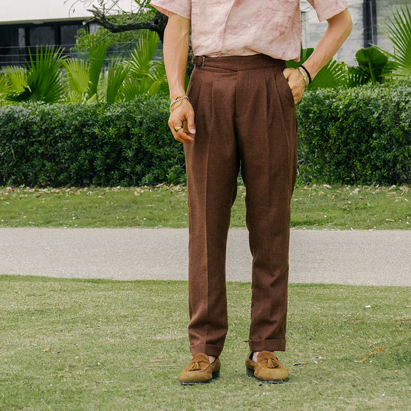 SOARIN复古意式那不勒斯西裤男 肌理纹高腰商务绅士通勤九分裤子