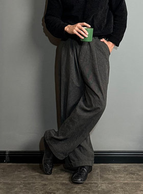 SOARIN英伦风复古条纹高腰裤男 好莱坞纯棉休闲直筒宽松西装长裤