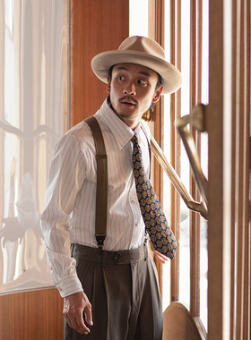 SOARIN英伦风雅痞细条纹衬衫男免烫商务休闲修身通勤西装长袖衬衣