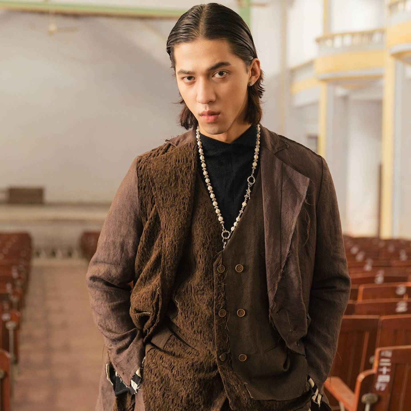 SOARIN独立复古新中式拼接西装外套男 设计感不规则休闲长款西装