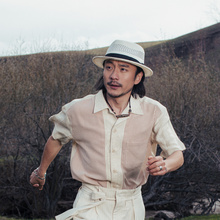 SOARIN英伦风复古亚麻短袖衬衫男 拼接格子商务休闲宽松波点衬衣