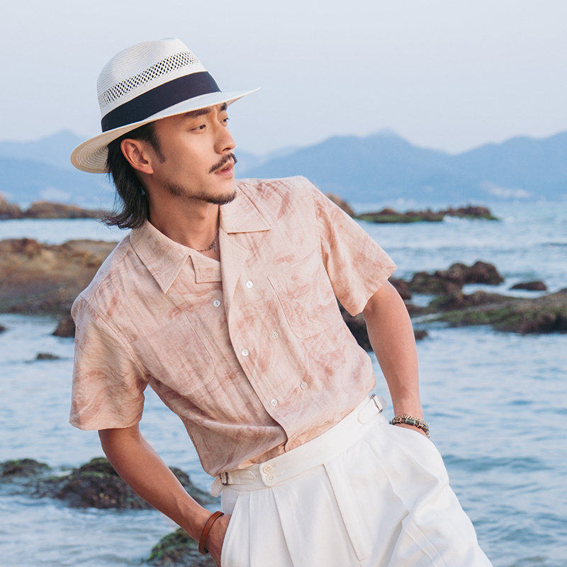 SOARIN法式复古双排扣短袖衬衫男老钱风粉色肌理纹绅士古巴领衬衣