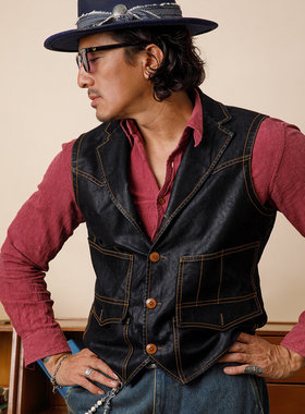 SOARIN美式复古黑色皮衣马甲男 辑明线翻领休闲工装机车马夹背心