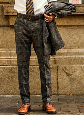 SOARIN复古英伦格子裤男 绅士商务正装直筒休闲西装裤垂感长裤子