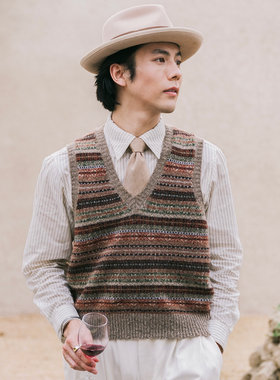 SOARIN英伦复古费尔岛毛衣背心男民族风叠穿保暖套头提花针织马甲