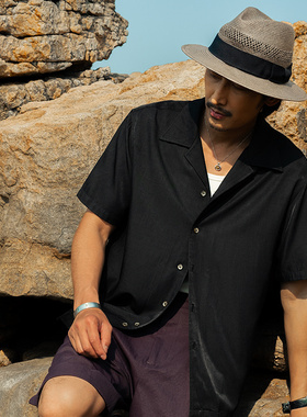 SOARIN复古英伦风高级感古巴领衬衫男 雅痞休闲修身薄款短袖衬衣