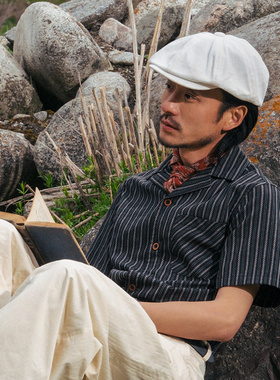 SOARIN英伦风复古黑色条纹短袖衬衫男 古巴领商务休闲五分袖衬衣