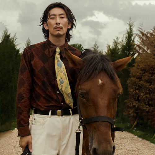 SOARIN英伦老钱风菱格衬衣男 复古长尖领格纹印花宽松长袖衬衫