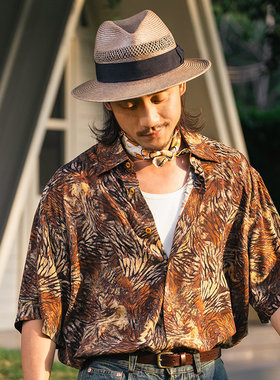 SOARIN复古雅痞印花巴洛克衬衣男轻薄夏威夷痞帅休闲宽松短袖衬衫