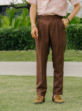 SOARIN复古意式那不勒斯西裤男 肌理纹高腰商务绅士通勤九分裤子