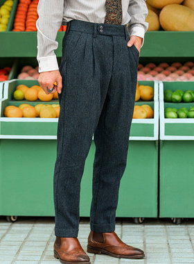 SOARIN英伦复古小脚西装裤男 粗花呢那不勒斯修身痞帅锥形九分裤