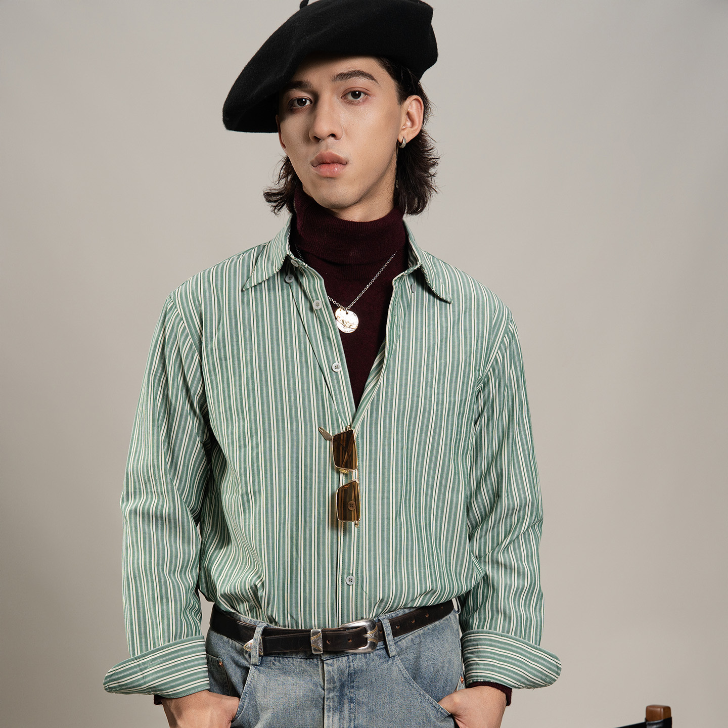 SOARIN英伦复古绿竖条纹衬衫男免烫抗皱商务休闲修身长袖西装衬衣