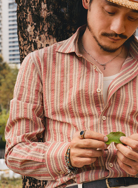 SOARIN英伦复古红色条纹长袖衬衫男 一字领商务休闲修身西装衬衣