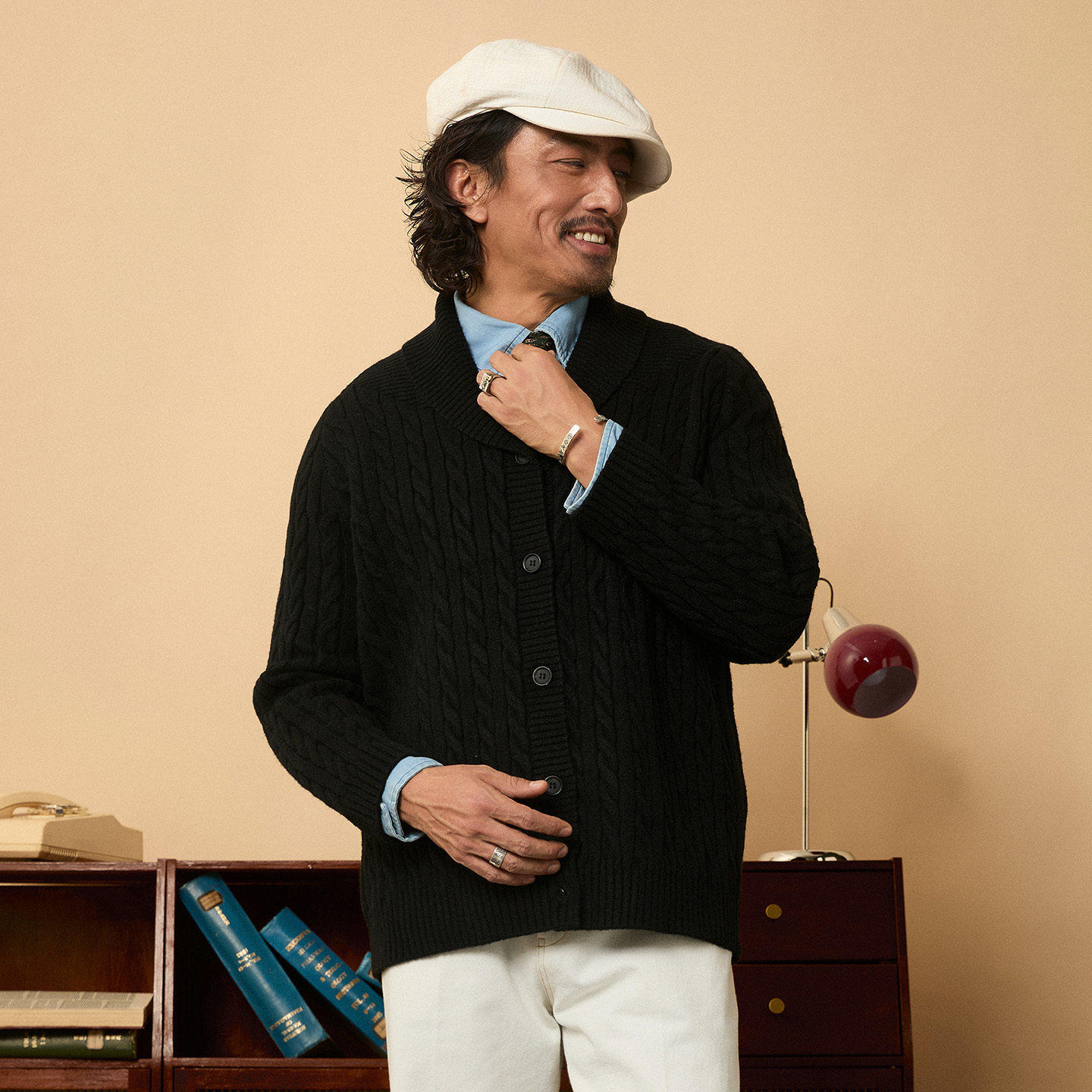 SOARIN英伦风复古青果领毛衣开衫男 保暖麻花羊毛混纺针织衫外套