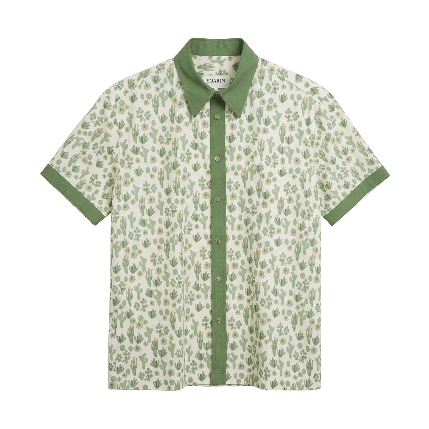 SOARIN复古仙人掌印花撞色领短袖衬衫夏季雅痞休闲宽松夏威夷衬衣