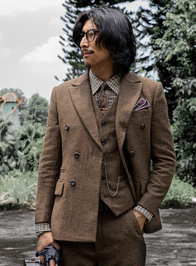 SOARIN英伦复古双排扣西服男 羊毛呢人字纹商务休闲修身西装外套