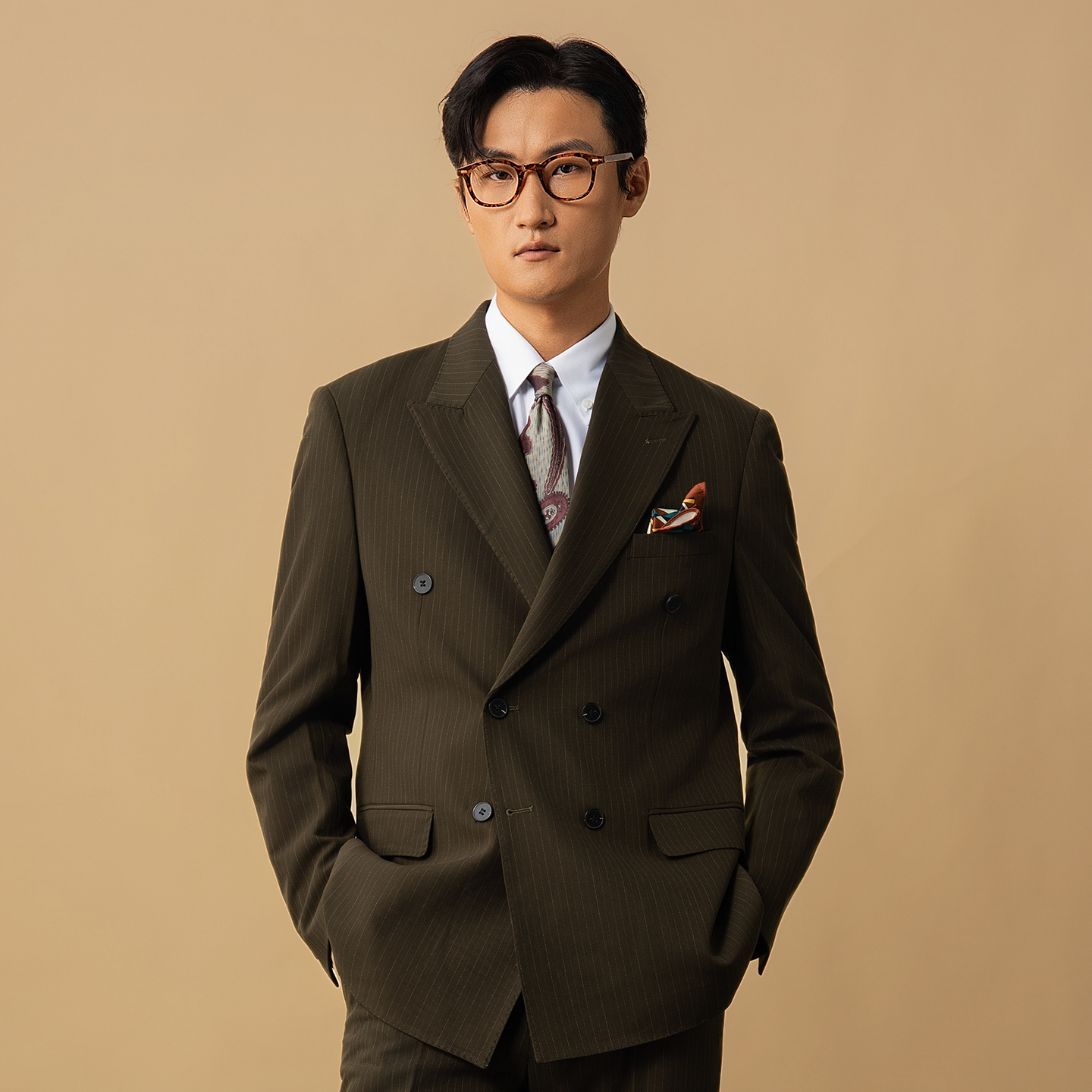 SOARIN英伦风复古条纹西装外套男 双排扣戗驳领高级感商务单西服