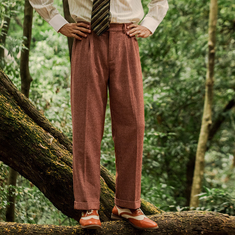 SOARIN羊毛呢西装长裤男 冬季人字纹高级感商务休闲直筒宽松西裤