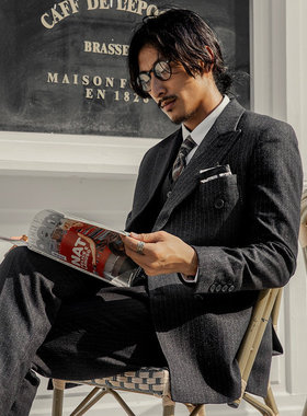 SOARIN英式黑色双排扣西装男 高级感商务正装戗驳领条纹西服外套