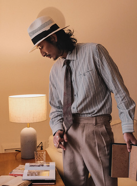 SOARIN英伦风复古蓝色条纹衬衫男 夏季商务休闲修身西装长袖衬衣