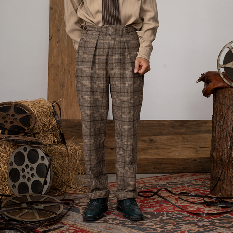 SOARIN英伦风复古羊毛西装裤男 秋冬毛呢商务休闲直筒格子九分裤