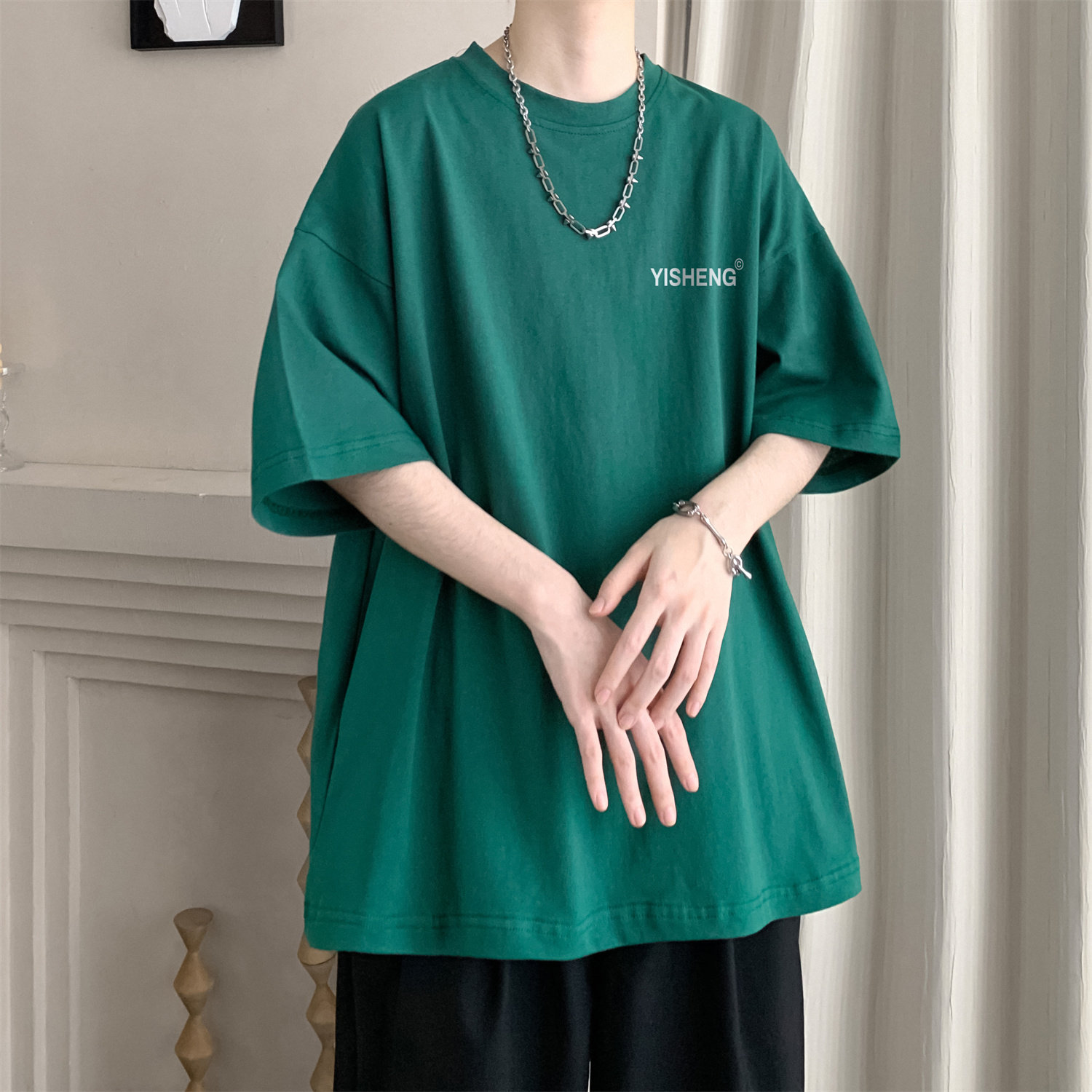 基础款酒红色t恤男款夏季美式复古小领口短袖情侣oversize打底衫,男装T恤,电商A336